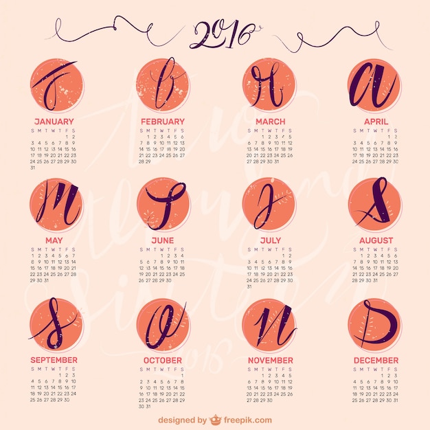 Vettore gratuito scritto a mano 2016 del calendario