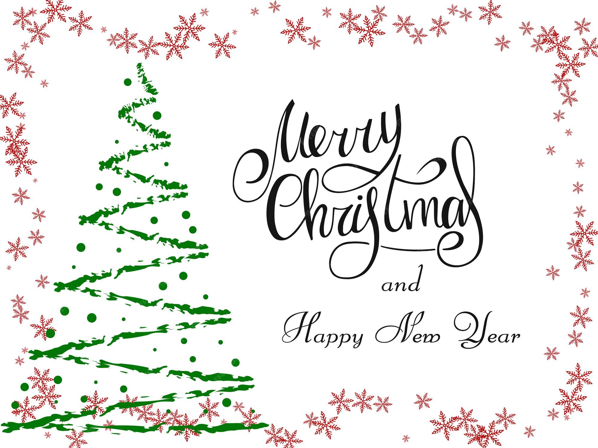 Premium Vector | Handwritten Black Lettering On A White Background. Magic Green Christmas Tree Made Of Brush Strokes With Red Snowflakes. Merry Christmas And Happy New Year 2022.
