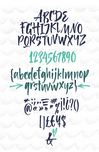 Handwritten script font. brush font. uppercase, numbers, punctuation