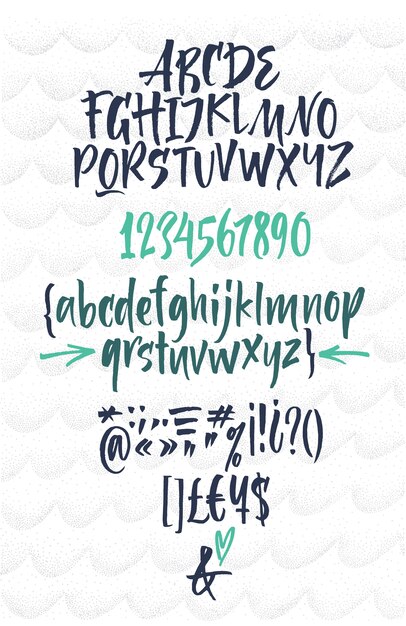 手書きのスクリプトフォント。ブラシフォント。大文字、数字、句読点