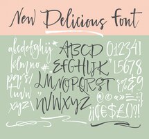 Handwritten script font. brush font. uppercase, numbers, punctuation