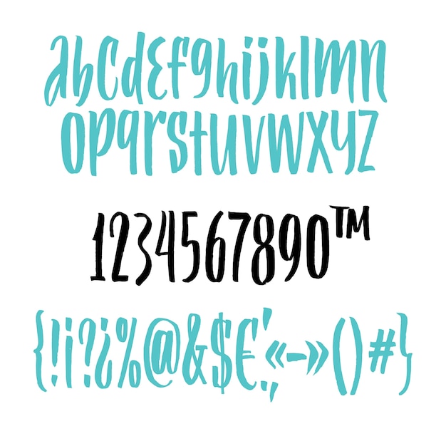 필기 스크립트 글꼴 브러시 글꼴. 대문자, 숫자, 문장 부호