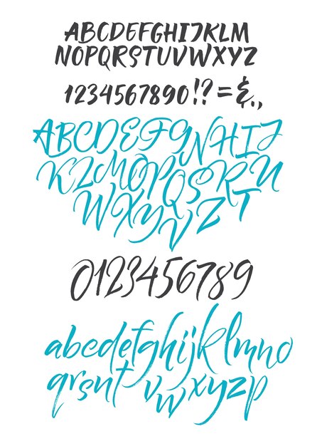 Handwritten script font. Brush font. Uppercase, numbers, punctuation