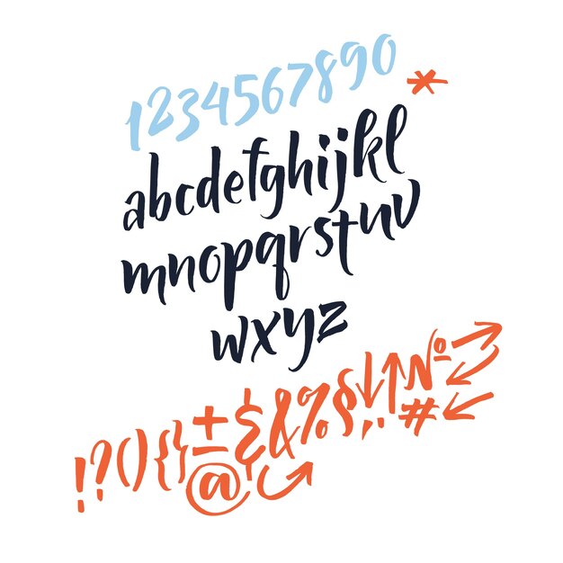 手書きのスクリプトフォント。ブラシフォント。大文字、数字、句読点