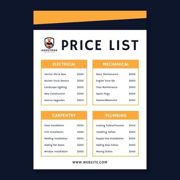 Handyman company price list template