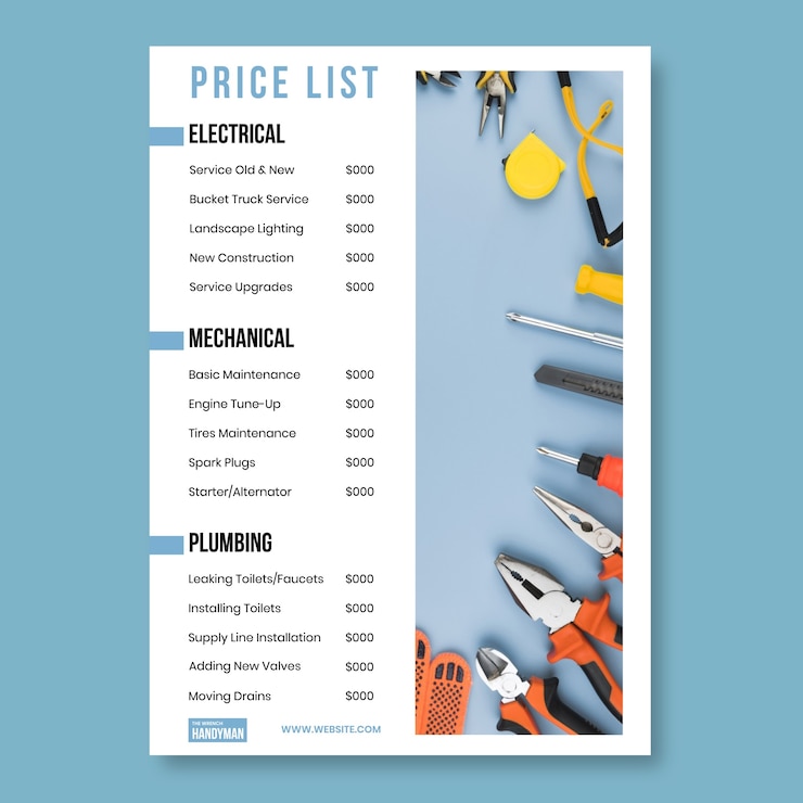 Free Vector handyman company price list template