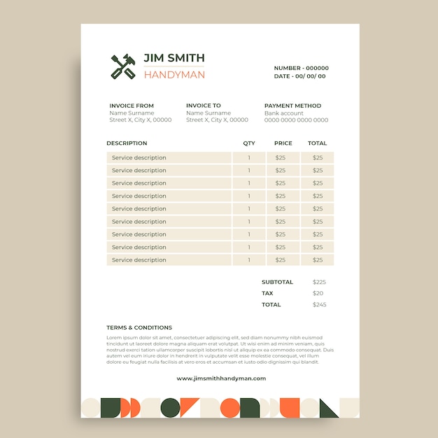 Free vector handyman invoice template design