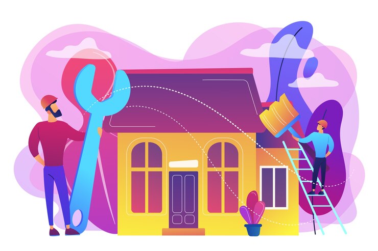 Free Vector handyman with big wrench repairing house and painting with paintbrush. diy repair, do it yourself service, self-service learning concept. bright vibrant violet  isolated illustration