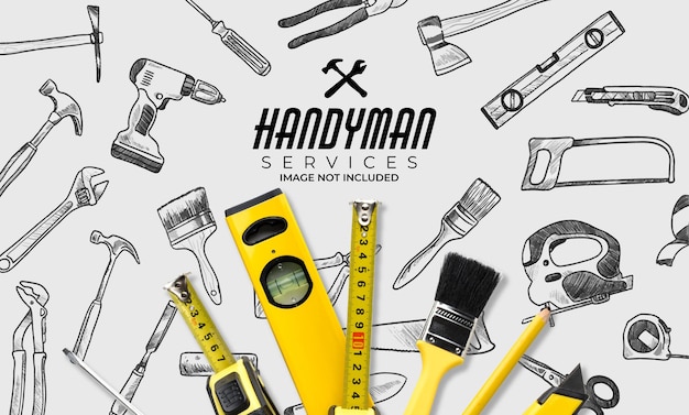 Handymand service banner with  black and white tools seamless pattern