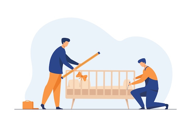 Free vector handymen installing child cot in room. assembly, tool, worker flat vector illustration. furniture and childbirth