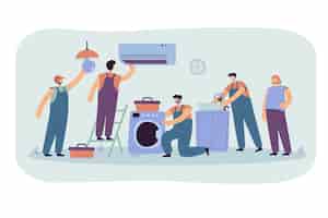 Free vector handymen repairing clients home appliance. cartoon illustration