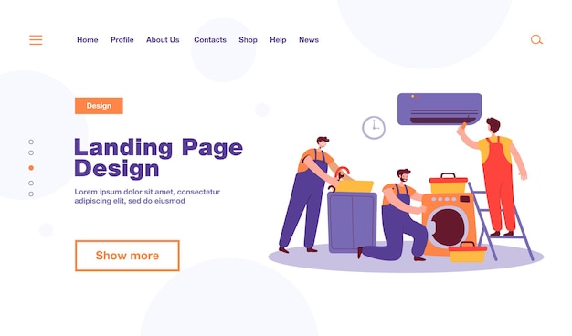 Разнорабочие ремонтируют бытовую технику клиентов. обслуживающий персонал и электрик ремонтируют стиральную машину, кондиционер, сантехнику. иллюстрация для домашней работы, концепция обслуживания