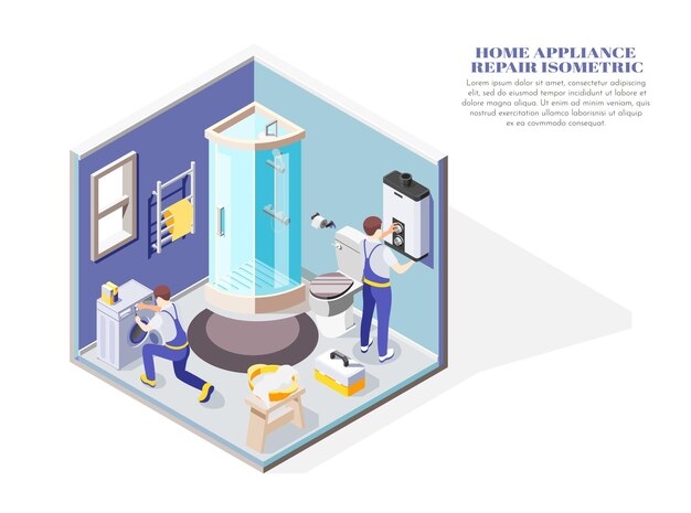 Handymen Repairing Electric Home Appliances In Bathroom Isometric Composition 3d