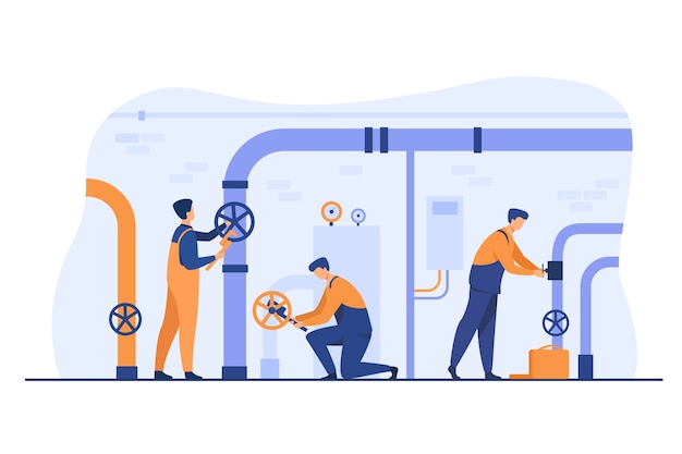 Handymen working in team and fixing leakage in boiler room flat vector illustration. cartoon plumbers repairing pipes with tools. flight crew and aircraft concept