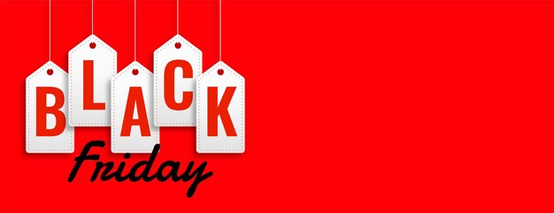 Hanging black friday sale tags on red banner vector