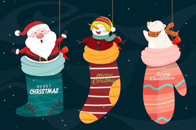 Бесплатное векторное изображение Подвесные рождественские носки для вставки подарка, симпатичные подвесные чулки, украшенные рождественским элементом на синем