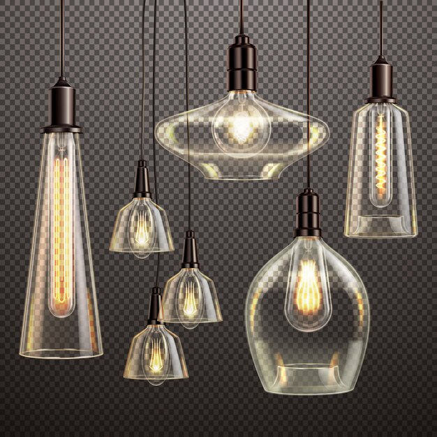 Hanging clear glass lamps with glowing filament antique led light bulbs realistic dark gradient transparent set