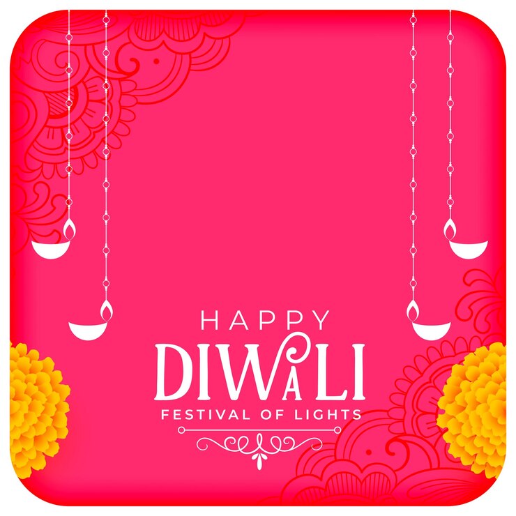 Free Vector hanging diwali diya on pink background with floral decor