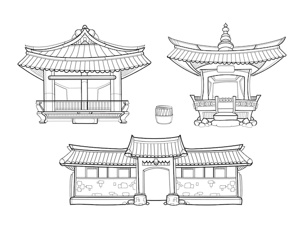 무료 벡터 한옥 한국 전통 건축 벡터 개요 집합입니다. 궁전 집, 건축 아시아 마을 문화, 아시아 집 그림