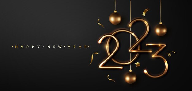 Happy 2023 New Year Christmas congratulation with 3D realistic gold metal text