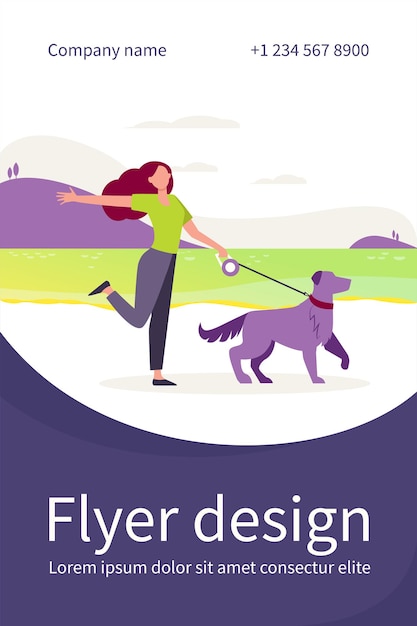 Free vector happy active woman walking dog on leash outdoors. girl with pet near lake, landscape, water flat flyer template
