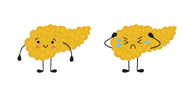 膵臓の幸せで泣いているカワイイキャラクター 健康と病気の膵臓の描画 白い背景の上の孤立したベクトルイラスト プレミアムベクター
