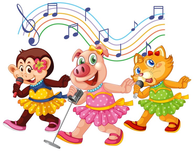 Free Vector happy animals singing with microphone