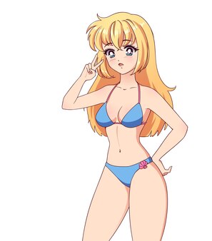 Happy anime manga girl with blonde hair wearing blue swimsuit with peace sign isolated on white background.