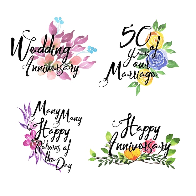 Happy Anniversary  Logo Collection With Watercolor Floral