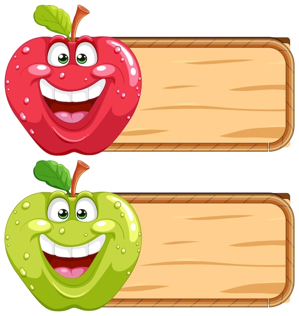 Free vector happy apples with blank wooden signs