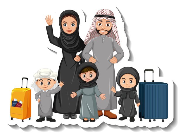 Happy Arab family cartoon character sticker on white background