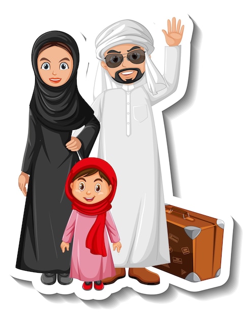 Vettore gratuito adesivo personaggio dei cartoni animati famiglia araba felice su sfondo bianco