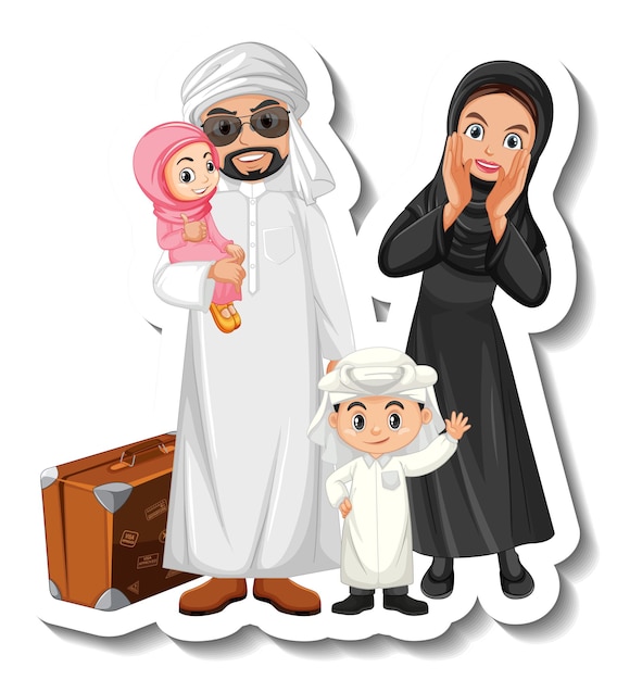 Happy arab family cartoon character sticker on white background