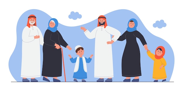 Happy arab family standing together. Saudi old and young people smiling, portrait of muslim parents, grandparents and kids in traditional clothes flat vector illustration. Arabian culture concept