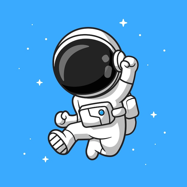 幸せな宇宙飛行士ジャンプ漫画ベクトルアイコンイラスト。科学技術アイコンコンセプト分離プレミアムベクトル。フラット漫画スタイル