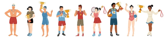 Free vector happy athletes winners with gold medals and cups