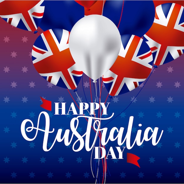 Happy australia day with ballons and flags