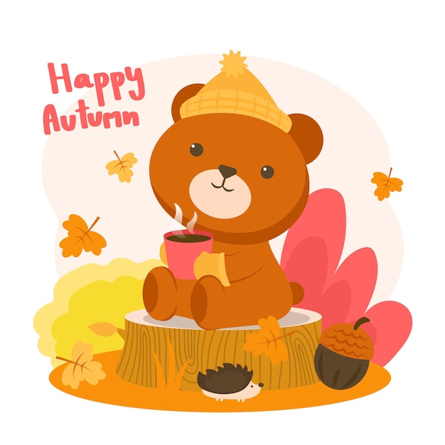 自由矢量快乐的秋天和一只熊坐在树桩上喝咖啡