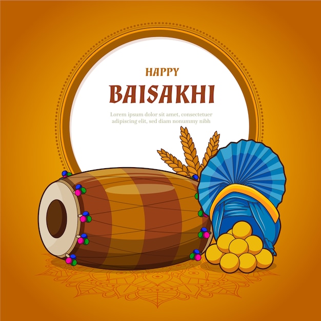 Free vector happy baisakhi with traditional musical instrument