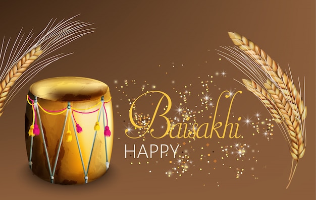Happy baisakhi with wheat spice and festival ornated drums