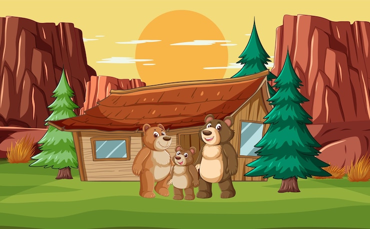 Free Vector happy bear family outside wooden cabin