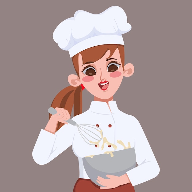 Happy beautiful woman chef making bakery cartoon art illustration