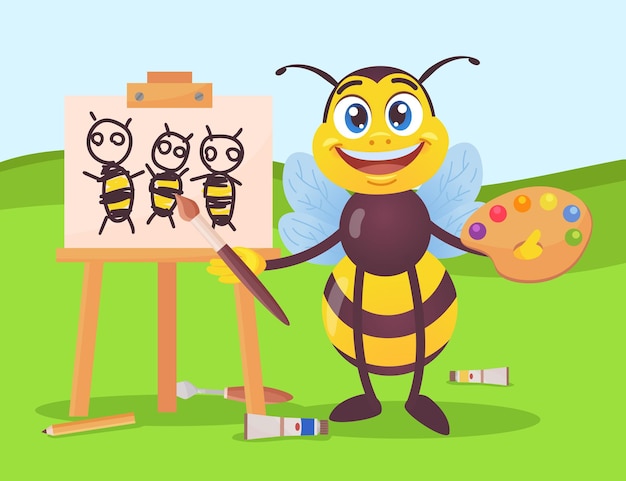 Happy bee character drawing honeybees on canvas outside. Black and yellow insect holding paintbrush and palette with different colors, wooden easel cartoon  illustration