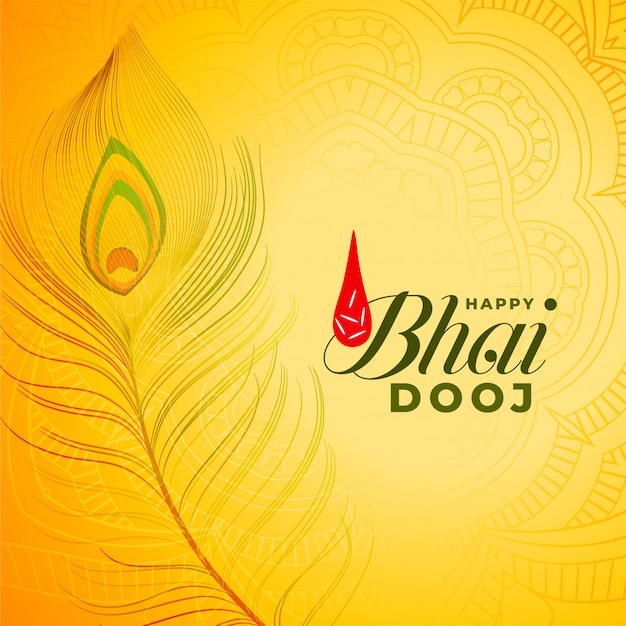 Free vector happy bhai dooj yellow illustration with peacock feather