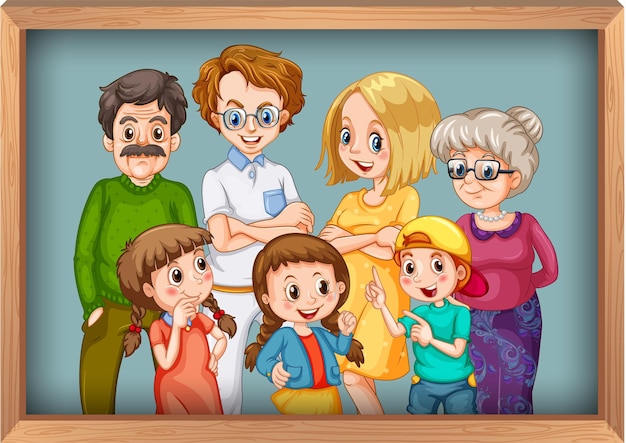 Free vector happy big family photo on wooden frame