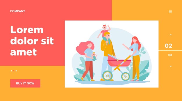 Happy big family walking together. Mother, kid, father flat vector illustration. Parenthood and relationship concept website design or landing web page