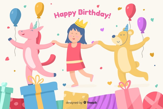 かわいいイラストでハッピーバースデーの背景 無料のベクター