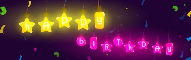 Happy birthday banner or greeting card with colorful hanging light bulbs of yellow and pink colors 