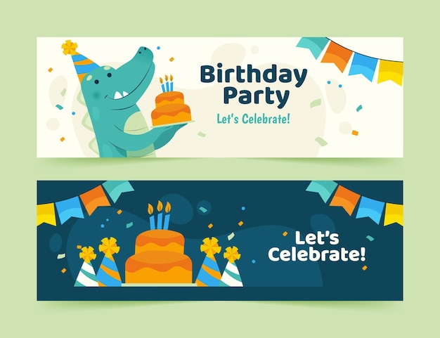 Vettore gratuito modello di banner di buon compleanno con dinosauro