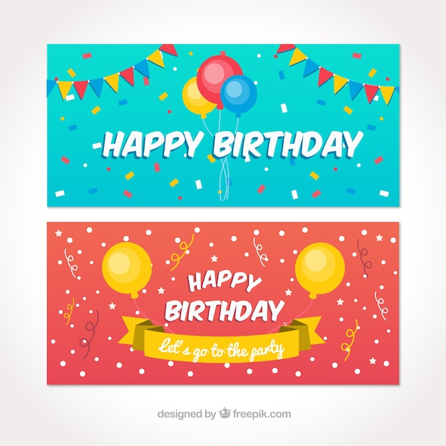 Happy birthday banners with colorful balloons and pennants in flat style